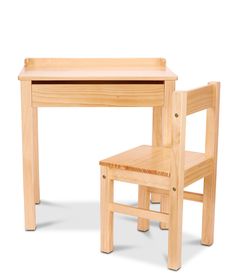 a wooden desk and chair set with one child's table and two chairs in front of it