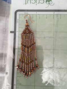 a pair of beaded tassels hanging from a hook on a piece of paper