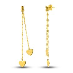 Meaningful polished hearts hang from dazzling mirror chains in these sentimental women's dangle earrings. Fashioned in 14K yellow gold, the earrings secure in place with friction backs. Elegant Heart Earrings With Dangling Charms For Valentine's Day, Elegant Valentine's Day Heart Earrings With Dangling Charms, Yellow Gold Jewelry With Dangling Charms For Valentine's Day, 14k Yellow Gold Heart Drop Earrings, Yellow Gold Dangle Heart Earrings, Valentine's Day Gold Earrings With Dangling Charms, Valentine's Day Yellow Gold Jewelry With Dangling Charms, Gold Dangle Heart Earrings For Formal Events, Valentine's Day Yellow Gold Dangle Earrings