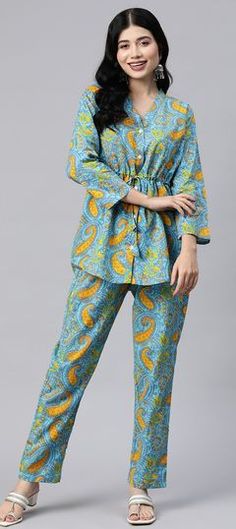 Blue color Co-ords Set in Cotton fabric with Printed work Light Blue Printed Long Sleeve Set, Blue Cotton Workwear Sets, Casual Blue Sets With Printed Motifs, Summer Blue Color, Co Ords, Summer Blue, Co Ord Set, Co Ord, Cotton Fabric