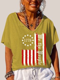 Amercian Flag Help the People Trundown Collar T Shirt Women's Loose Short Sleeve Top Spring Plus Size Shirt Cotton V-neck Top With American Flag Print, Plus Size Shirt, Collar T Shirt, Collar Tshirt, Turndown Collar, Loose Shorts, Spring Tops, Cheap Clothes, Plus Size Shirts