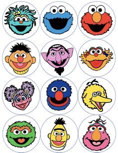 the sesame character faces are shown in different colors and sizes, including blue, red, yellow