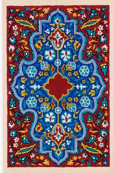 an intricately designed carpet with red, blue and yellow colors on it's edges