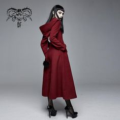 Daily Life Winter Sexy Women Red Gothic Party Woolen Hooded Long Coat With Fur Gothic Costume Outerwear For Winter, Gothic Winter Larp Outerwear, Gothic Winter Outerwear For Cosplay, Vampire Style Winter Costume Outerwear, Winter Costume Outerwear With Faux Fur Lining, Gothic Trench Coat, Gothic Female, Goth Coat, Gothic Coat