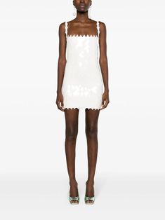 The Attico Rue Sequinned Minidress - Farfetch Summer Square Neck Sequin Dress, Summer Sequin Dress With Square Neck, Sequined Fitted Mini Dress With Square Neck, Glamorous White Mini Dress With Contrast Sequin, Elegant White Sequin Dress For Summer, Chic White Embellished Sequin Dress, Fitted White Dresses With Contrast Sequin, White Embellished Sequin Dress For Summer, White Contrast Sequin Mini Dress