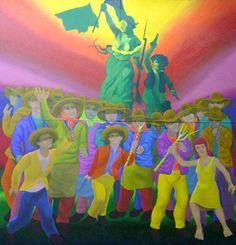 a painting of many people in different colors and sizes, with one person holding a flag