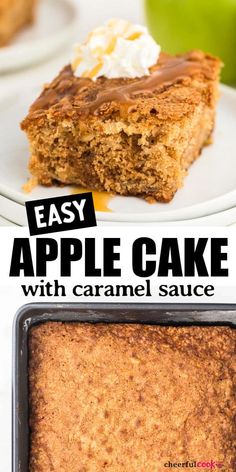 an easy apple cake with caramel sauce is shown on a plate and in a pan