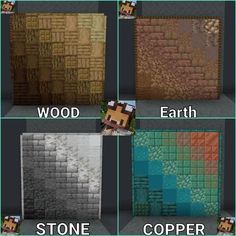 four different types of stone tiles with the words wood, earth, and copper