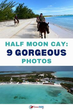 Horseback riders exploring pristine beach coastline with aerial view of tropical private island resort and turquoise waters below. Holland America, Family Cruise, Save For Later, Caribbean Cruise, Private Island, Crystal Clear Water, Dream Destinations, Half Moon