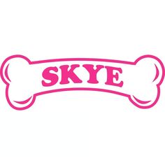 a dog bone with the word skye on it's side in pink ink, against a white background