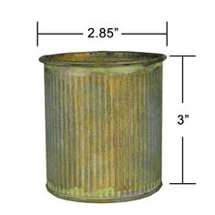 a tall green metal container with measurements for the bottom and side sides, on a white background