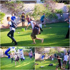 several pictures of people playing with frisbees in the grass and on the ground