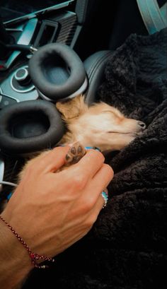 a person is holding a dog in their lap while he sleeps on the car floor