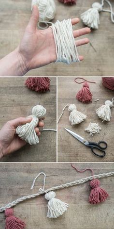 four pictures show how to make tassels with yarn, scissors and twine