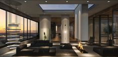 a modern living room with large windows overlooking the city at sunset or dawn, is shown in this artist's rendering