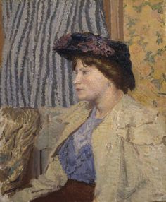 a painting of a woman sitting on a couch in front of a blue and white curtain