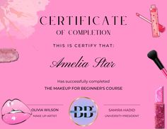 an award certificate with cosmetics and makeup products on pink background, including lipstick, eyeliners