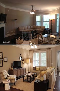 before and after pictures of a living room makeover with furniture, lighting, and decor