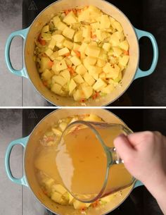 two pictures showing how to make mango soup in one pot and the other being mixed together