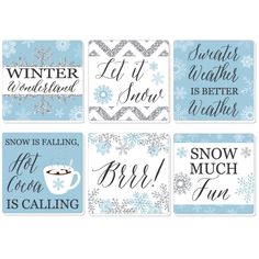 four coasters with winter sayings and snowflakes on the side, one is blue