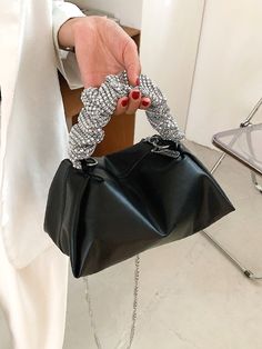 Rhinestone Decor Chain Satchel Bag  - Women Satchels Ripped Jeans Style, Black Bucket Bag, Ripped Jeans Women, Hobo Chic, Sequin Decor, Novelty Bags, Black Purses, Satchel Bag, Womens Purses