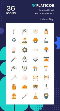 the flat icon set includes different types of tools and equipment, including an orange - blue background