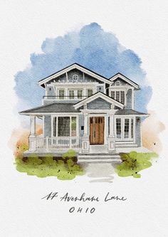 a watercolor painting of a house with the words, h abraham lane on it