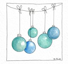 three blue and green ornaments hanging from a line on a white paper with a bow