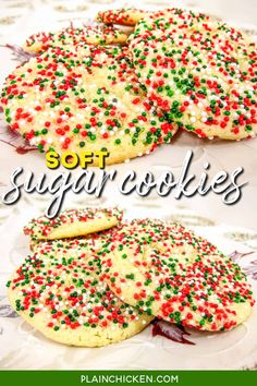 some sugar cookies with sprinkles on them and the words, soft sugar cookies