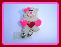 Retractable badge holder  Valentine Bear  by clippiecollections Polymer Clay Bear, Bear Polymer Clay, Valentine Bear, Clay Bear, Bear Valentines, Retractable Badge Holder, Badge Holder, Badge Holders, Badge Reel