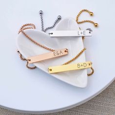 This adjustable slide bracelet is engraved with a couple's initials. It's the perfect anniversary, birthday, Valentine's Day, or holiday gift for your sweetheart! Available in high-quality stainless steel, rose gold plated stainless steel, and yellow gold plated steel. The bracelet is adjustable up to 9 inches.There is also an option for engraving the back with a personalized message of up to 25 characters ($10 additional fee). Bracelet For Girlfriend, Custom Engraved Bracelet, Slide Bracelet, Engraved Bracelet, Premium Gift, Personalized Initials, Father Of The Bride, Cleaning Jewelry, Custom Engraving