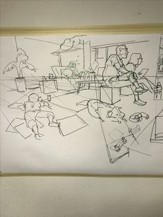 a drawing of people sitting at a table in a room with pictures on the wall