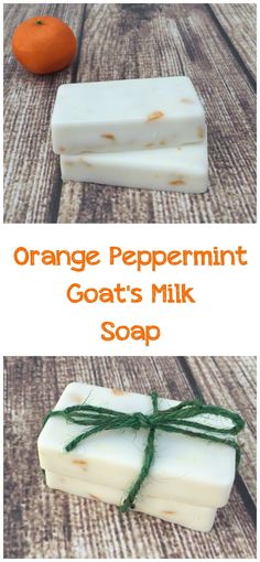 orange peppermint goat's milk soap on a wooden table