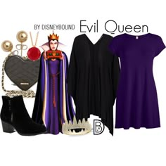 the evil queen costume is purple and black, with accessories on display in front of her