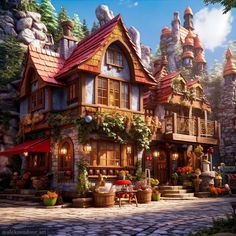 Fantasy Shop Exterior, Medieval Fantasy House Concept Art, Fantasy Townhouse, Medieval City Concept Art, Fairytale Cottage Floor Plans, Medieval House Concept Art, Fantasy Cottage, Storybook Homes, Fantasy Shop