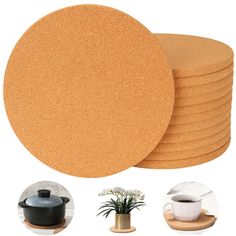 six round cork coasters with coffee pot and saucer next to them on a white background