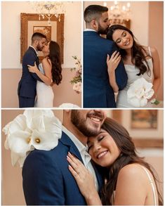 the bride and groom are posing for pictures