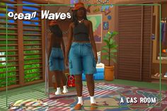 two black women standing in front of a mirror with the words ocean waves on it