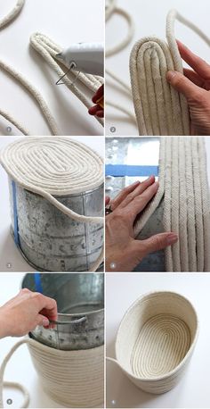 four pictures showing how to make a rope basket