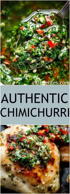 some food that is sitting on top of a pan and in front of the words authentic chimichurri