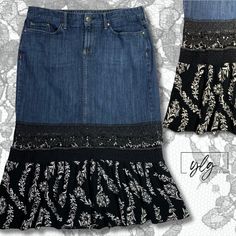 Give your wardrobe a boost of boho-chic style with this one-of-a-kind upcycled denim skirt! Refashioned from an Eddie Bauer skirt in size 10, we've breathed new life into this classic piece by adding a delicate gauze fabric hem and charming black lace trim. The result is a truly unique, refashioned item perfect for the free-spirited fashionista. Original brand: Eddie Bauer Size: Women's 10** A-Line Denim skirt with added fabric Classic 5-pocket, zipper fly style Gauze floral fabric hem, black lace trim Crochet trim on back pockets Length: About 32" Waist: About 33" Hips about: About 42" Soft gauze fabric adds a flowy, romantic touch to the hem Black lace trim provides a beautiful contrast and elegant finish Sturdy denim base for a classic, versatile A-line silhouette Refashioned with care A Line Denim Skirt, Boho Skirts, Jeans Rock, Gauze Fabric, Upcycled Denim, Crochet Trim, Eddie Bauer, Black & White, Boho Chic Fashion