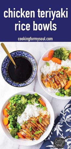 two bowls filled with rice, chicken and vegetables