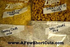 three bags of ziploc short cut cheerios and cheesy chick mix