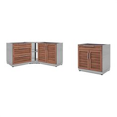 three wooden storage cabinets sitting next to each other