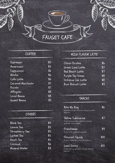 a menu for a coffee shop on a chalkboard