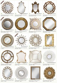 many different types of mirrors in various shapes and sizes, all with gold trimmings