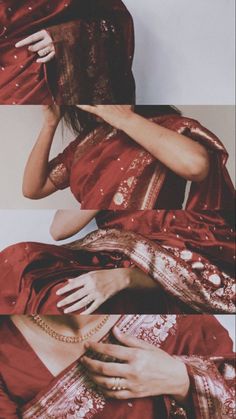 a woman in a red sari covering her face