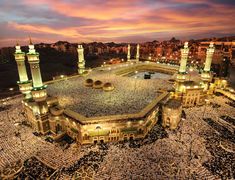 an aerial view of the grand mosque at dusk