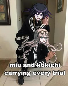 a person sitting on top of a white tiled floor next to a doorway with text reading miu and kokichi carrying every trial