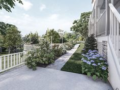 an artist's rendering of a walkway between two buildings with flowers in the foreground